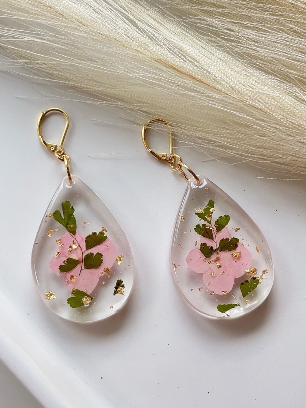 Handmade Pink Floral Teardrop Resin Earrings - Gold Accents